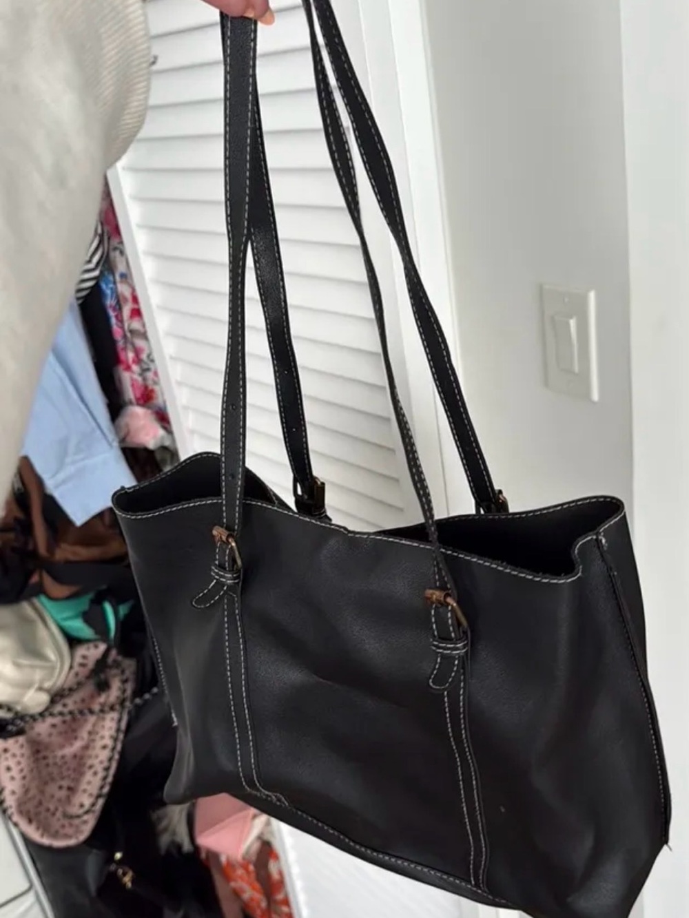 SHEIN Black Tote Bag with White Contrast Stitching